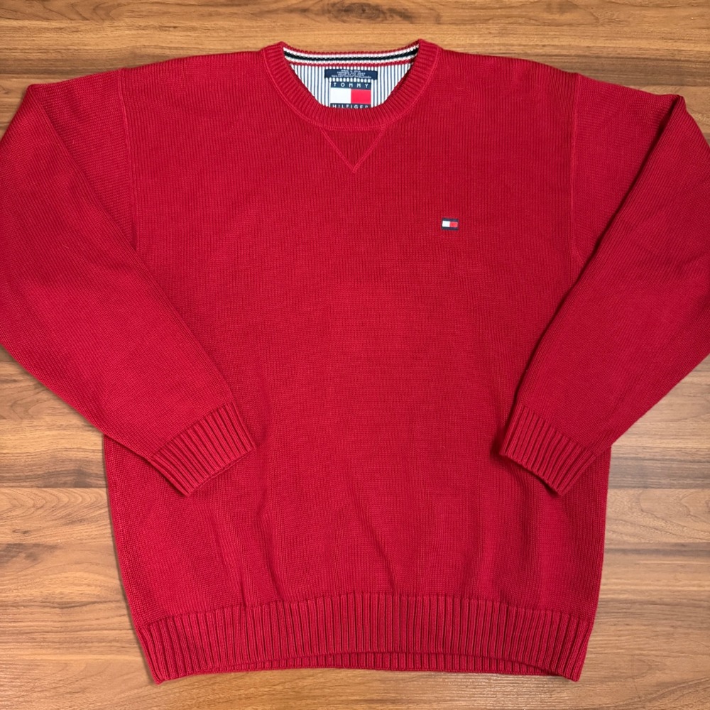 Tommy Hilfiger Mens Red Cotton Crewneck Sweater XXL Flag Logo Knit Pullover